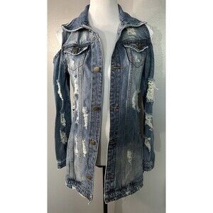 Ziva Curve Womens S Distressed Jean Jacket Cold Shoulder Long Blue Denim Coat